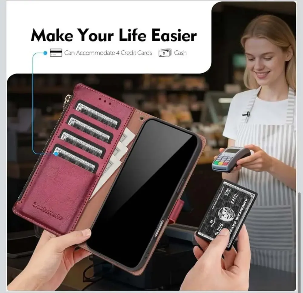 Scutumate RFID Blocking PU Leather Zipper Wallet Case with Card Slots and Wristl